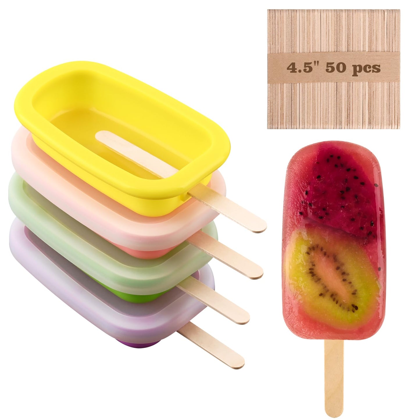 Sakolla 4 Pcs Silicone Popsicle Molds with Lid & 50 Pcs Wooden Popsicle Sticks, Stackable Classic Oval Ice Cream Molds for Homemade Ice Pop, Cakesicles, Freezer Yogurt and Fruit Juice (Multicolor)