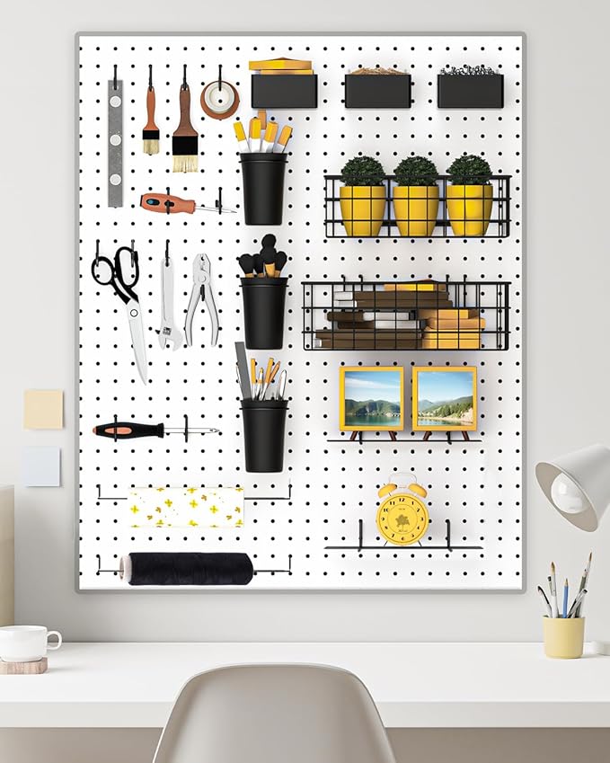 INCLY 30PCS Peg Board Organizer Accessories Kit, Pegboard Hooks Assortment with Bins, Cups, Wire Baskets and Paper Towel Holder for 1/8“ and 1/4” Pegboard Garage Workbench Craft Room Organizing Tools