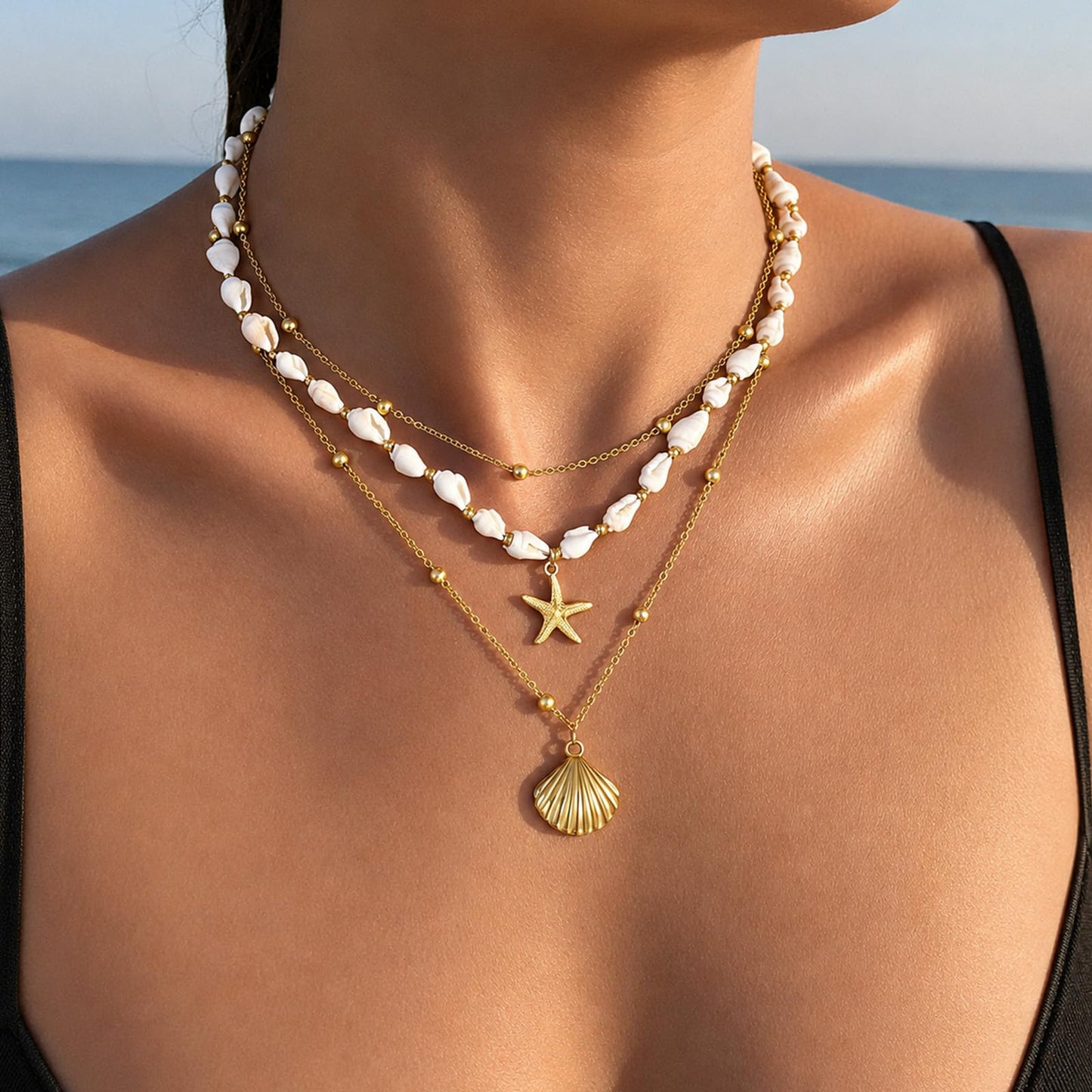 Starfish Seashell Necklace Conch Summer Beach Layered Necklaces for Women Non Tarnish Waterproof 14K Gold Chunky Necklace Stack Dainty Choker Chain Ocean Shell Pendant Charm Trendy Vacation Jewelry Gift (3pcs Starfish&Shell&Conch)