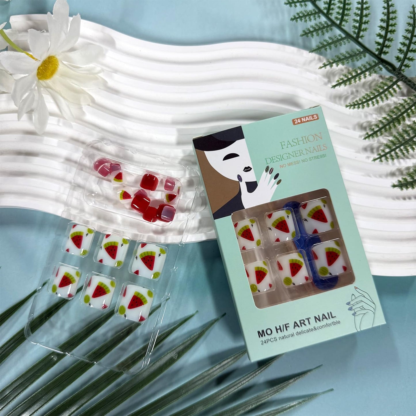 Summer Fruit Press on Toenails Short Square Fake Toe Nails with Watermelon Designs Red Glossy Toenail Press ons Acrylic Toe Nail Tips Reusable Stick on Toenails for Women Manicure 24Pcs