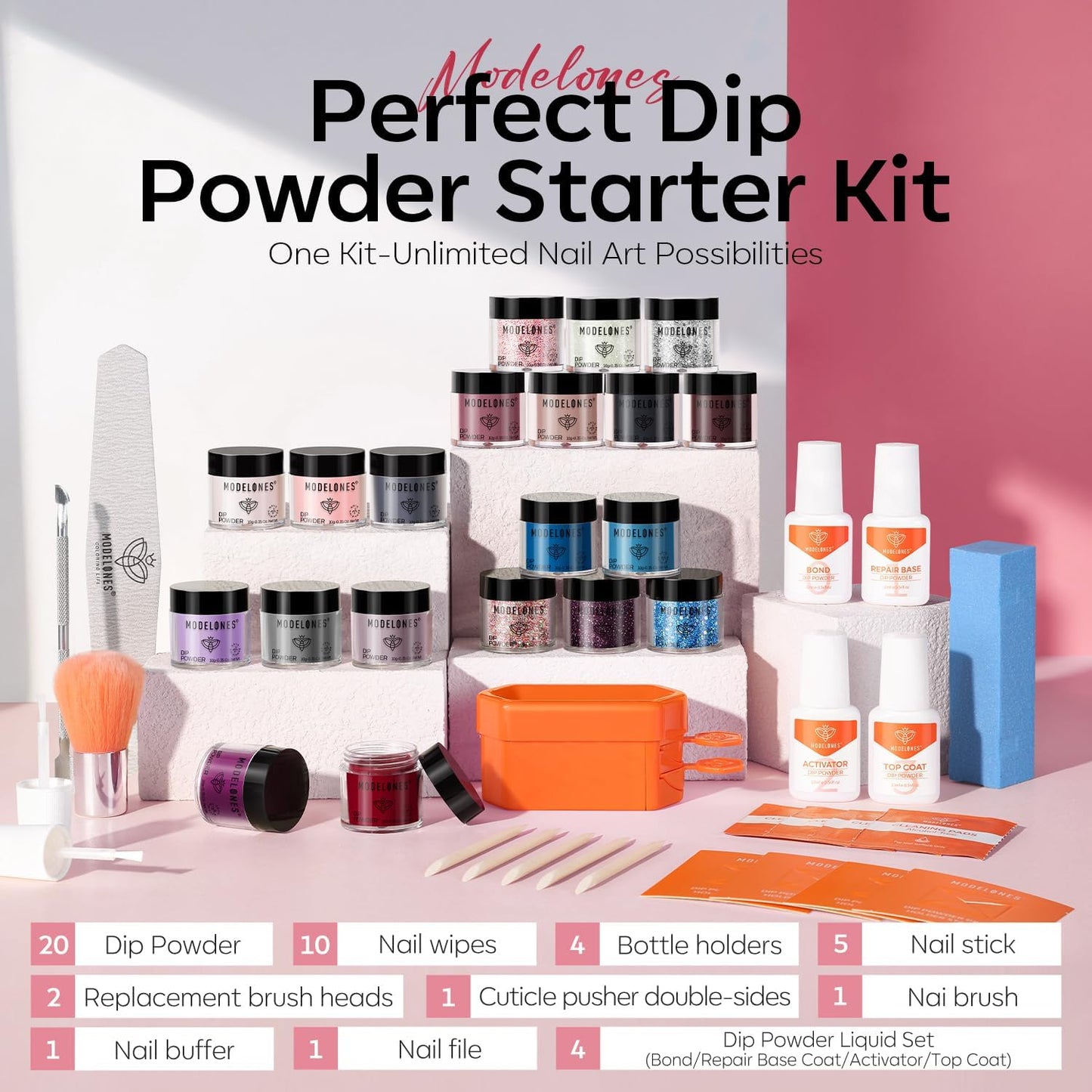 Modelones Dip Powder Nail Kit Starter Glitter 40 Pcs, 20 Colors Nude Pink Burgundy Blue Dipping Powder Liquid Set Base&Top Activator for Nail Powder Dip Kit