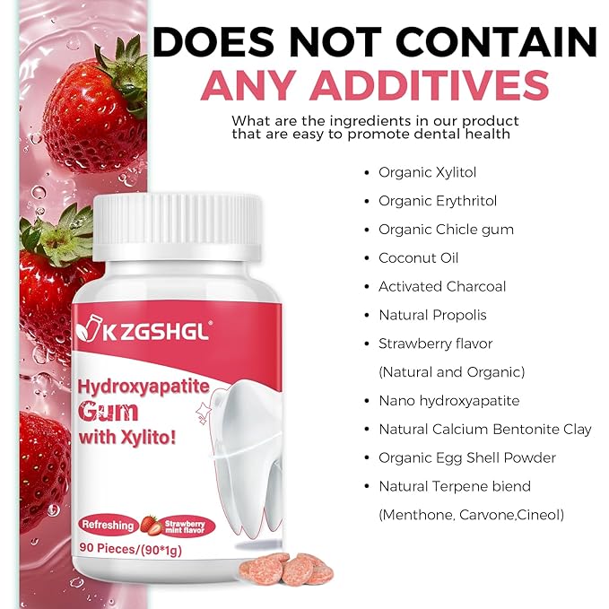 Hydroxyapatite Gum, 90 Pieces, Good for Teeth Remineralization, Sugar-Free Strawberry Chewing Gum with Xylitol, Two pills after meals to freshen breath and clean teeth