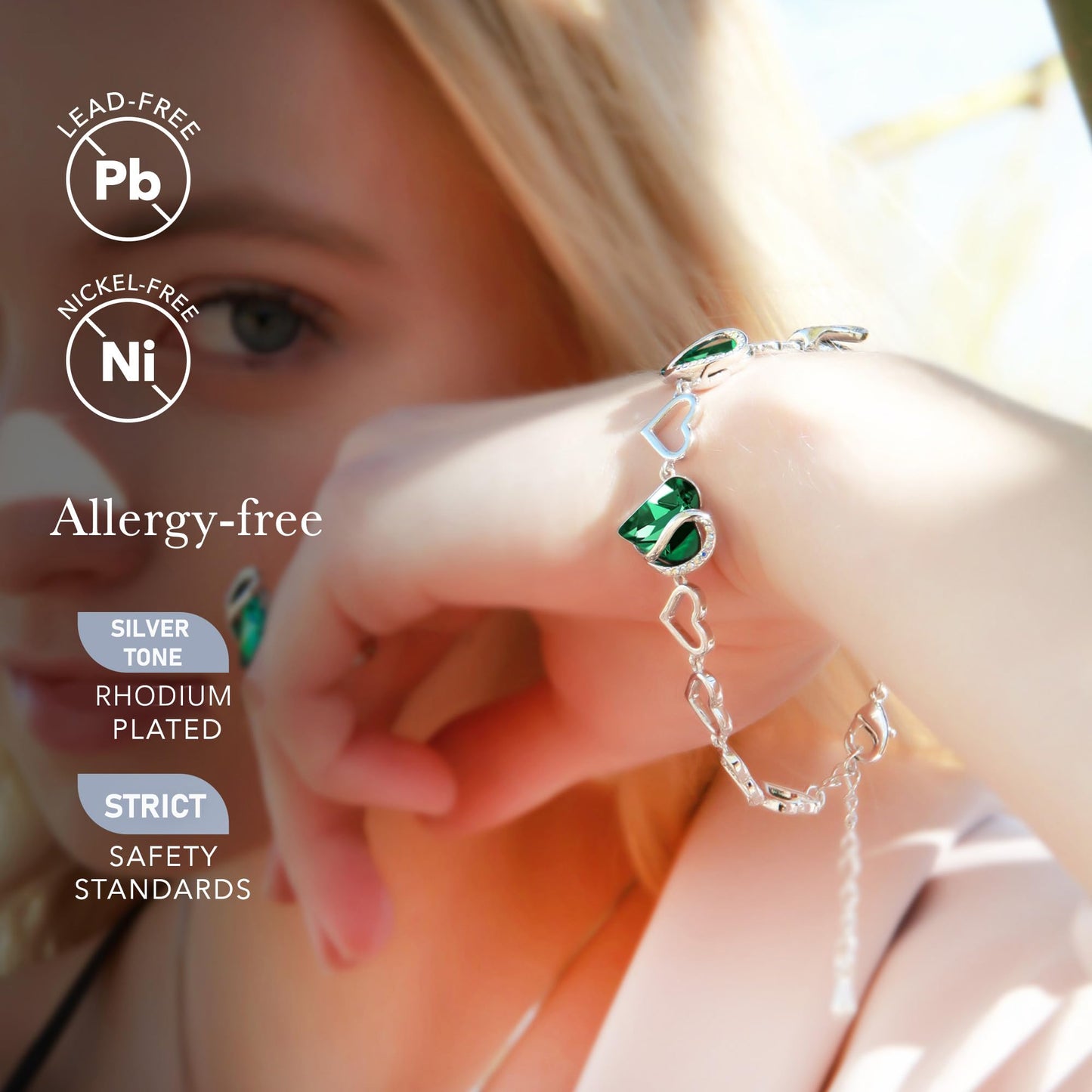Leafael Mothers Day Gifts Infinity Love Heart Bracelet for Women, May Birthstone Crystal, Emerald Green, Silver Tone Adjustable Chain