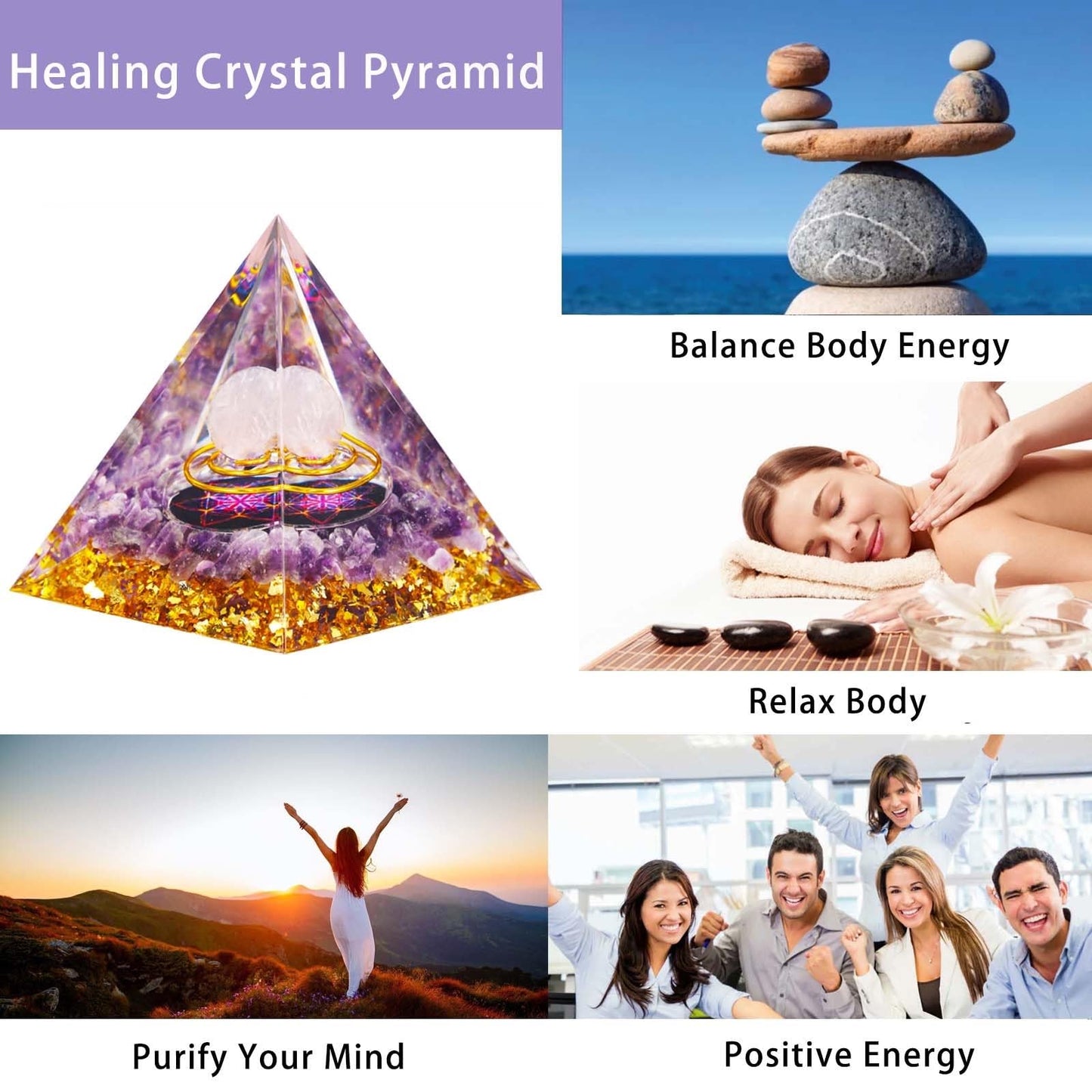 Crystal Pyramid, Rose Quartz & Amethyst Healing Crystal Pyramid Porstive Energy Generator, Natural Crystals Energy Pyramid for Attract Wealth Success and Lucky