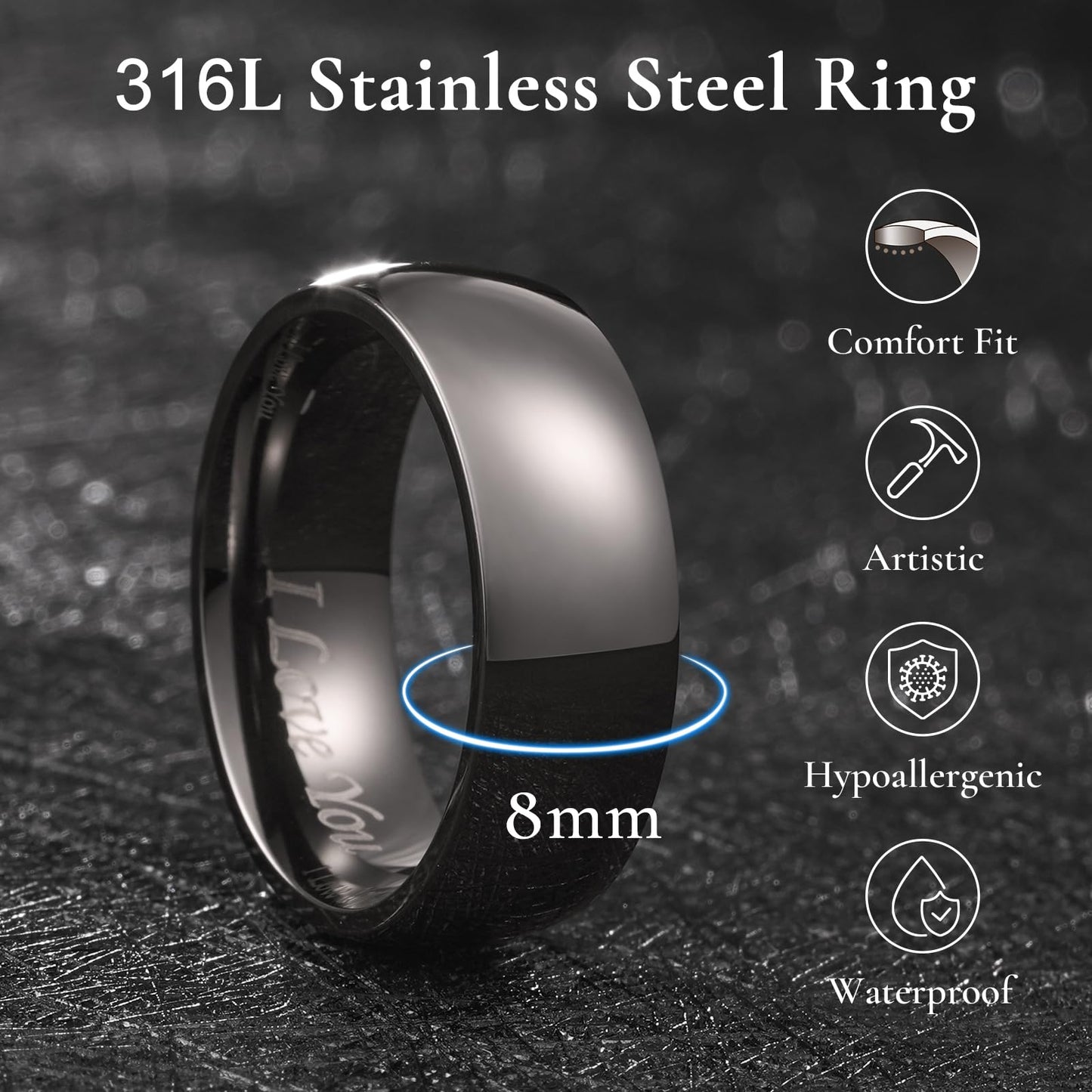 King Will 316L Stainless Steel Wedding Band for Men Women-8mm Width Basic Gunmetal Gray Wedding Ring Laser I Love You, High Polished Dome Style Promise Ring Comfort Fit Size 11