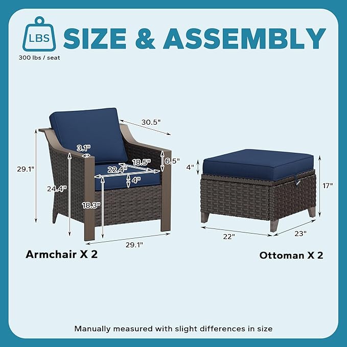 Patio Metal Wicker Chairs with Ottomans Set of 2, Outdoor Conversation Furniture Set - 2 Armchairs | 2 Wicker Ottomans, Removable Cushions, PE Rattan, Front Porch (Navy Blue)