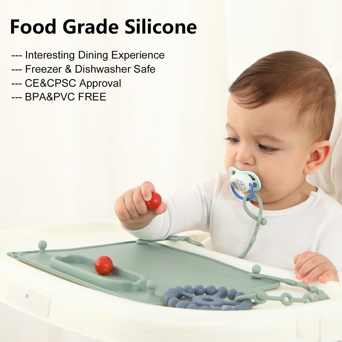 2 Pack Baby Silicone Mat, with Suction Base and 8 Stretchable Straps, Seposeve Baby Placemats, Activity Mat for Infants to Toddlers, Keeps Babies Essentials Off The Floor, Green Blue