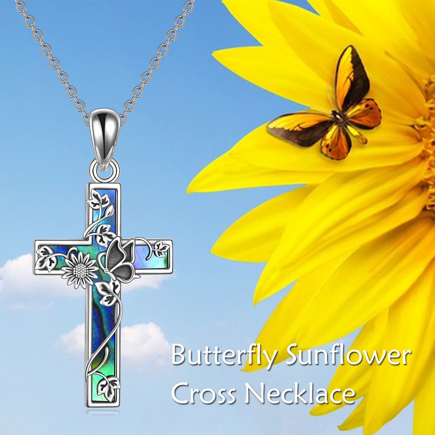 YFN Sunflower Cross Sterling Silver Butterfly Cross Pendant Abalone Shell Women's Christian Baptism Gift Necklace