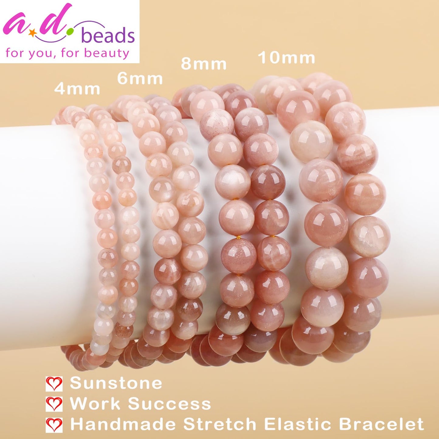 AD Beads Handmade Gemstone Stretch Elastic Bracelet Crystal Healing Reiki Nature's Beauty and Spiritual Essence Unisex (10mm, Sunstone (Work Success))