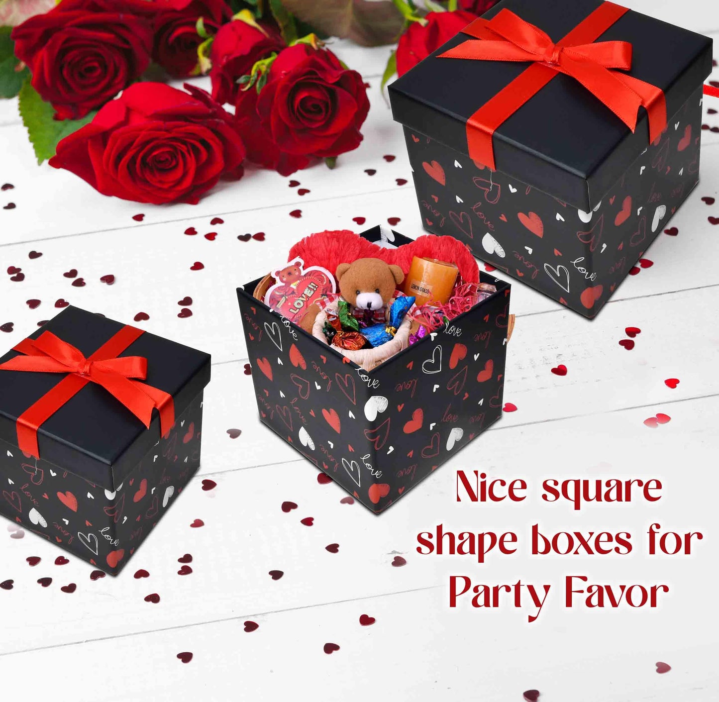 Gift Boutique 4 Pack Valentine Nesting Boxes with Bow Lids Black Red Hearts Stacking Square Box Gifts Presents Wrapping Birthday Wedding Party Decor