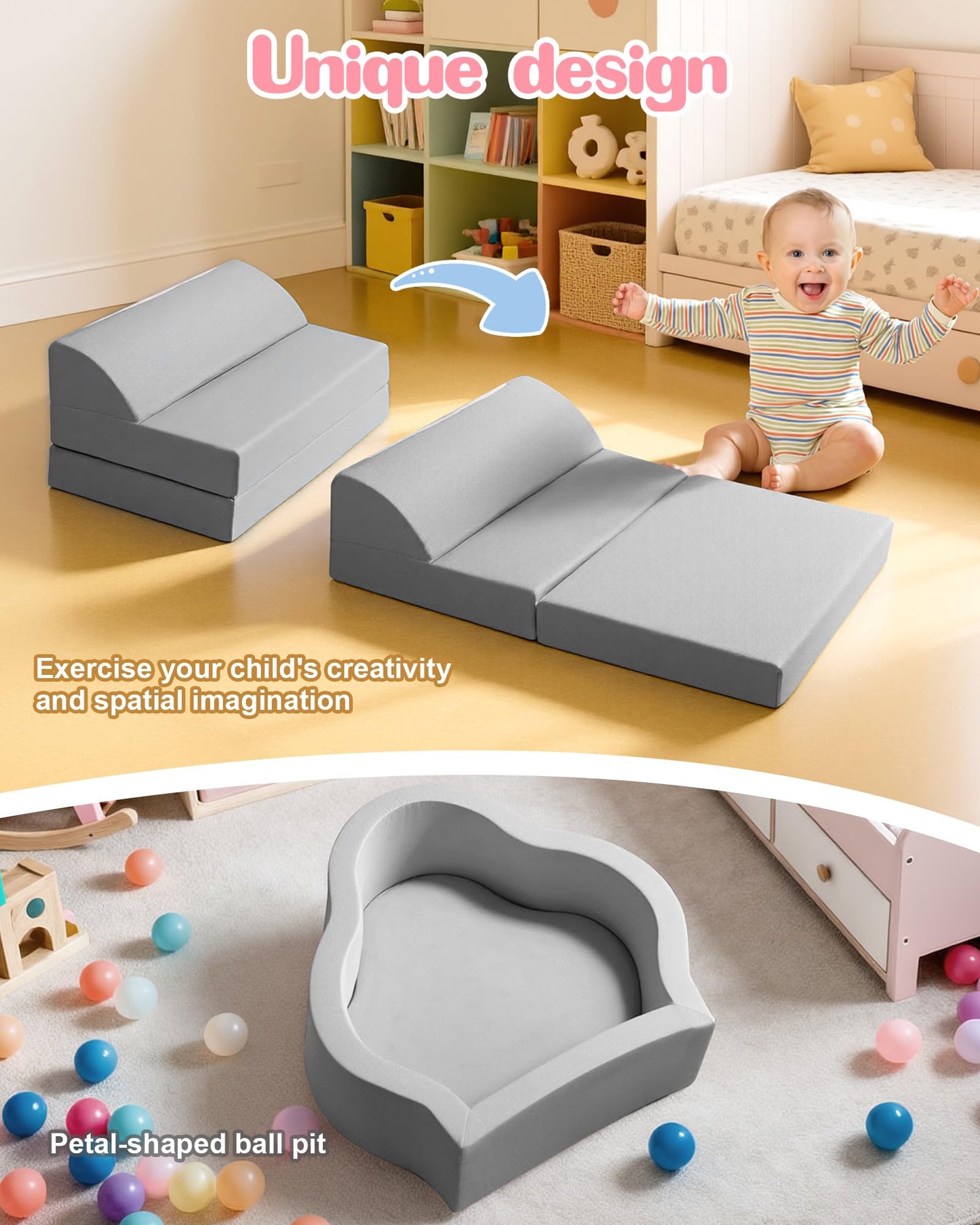 Markdang Soft Play Set, Baby Foam Climbing Blocks with Anti-Slip Particles Bottom & Velcro Connectors for Toddlers 6-12 Months, High-Density Foam & Washable Cover for Motor Skills Development (Grey)