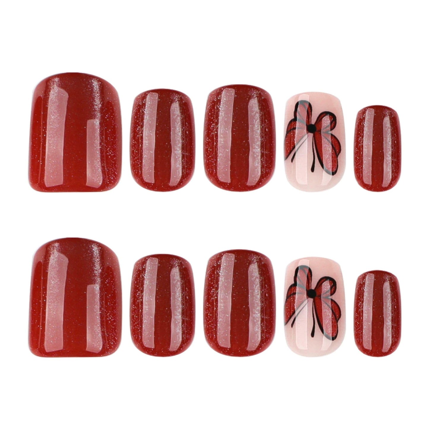24Pcs Red Press on Nails Short Square Fake Nails Cat's Eye False Nails with Glitter Butterfly Designs Acrylic Nails for Women Manicure