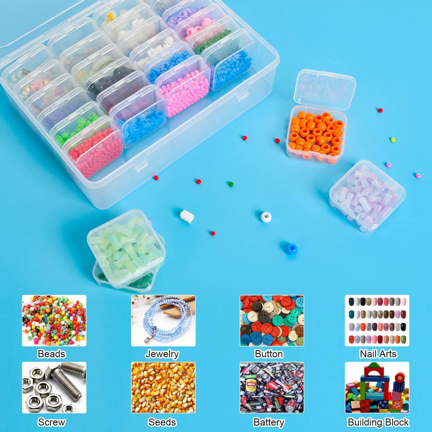 ZOQINI Bead Organizer Box, 28Pcs Small Clear Plastic Storage Containers, 1 Large Craft Organizer Box, 1 Sheet Label, Mini Parts Storage Solution for Beading Jewelry Making Diamond Arts Screws Seeds