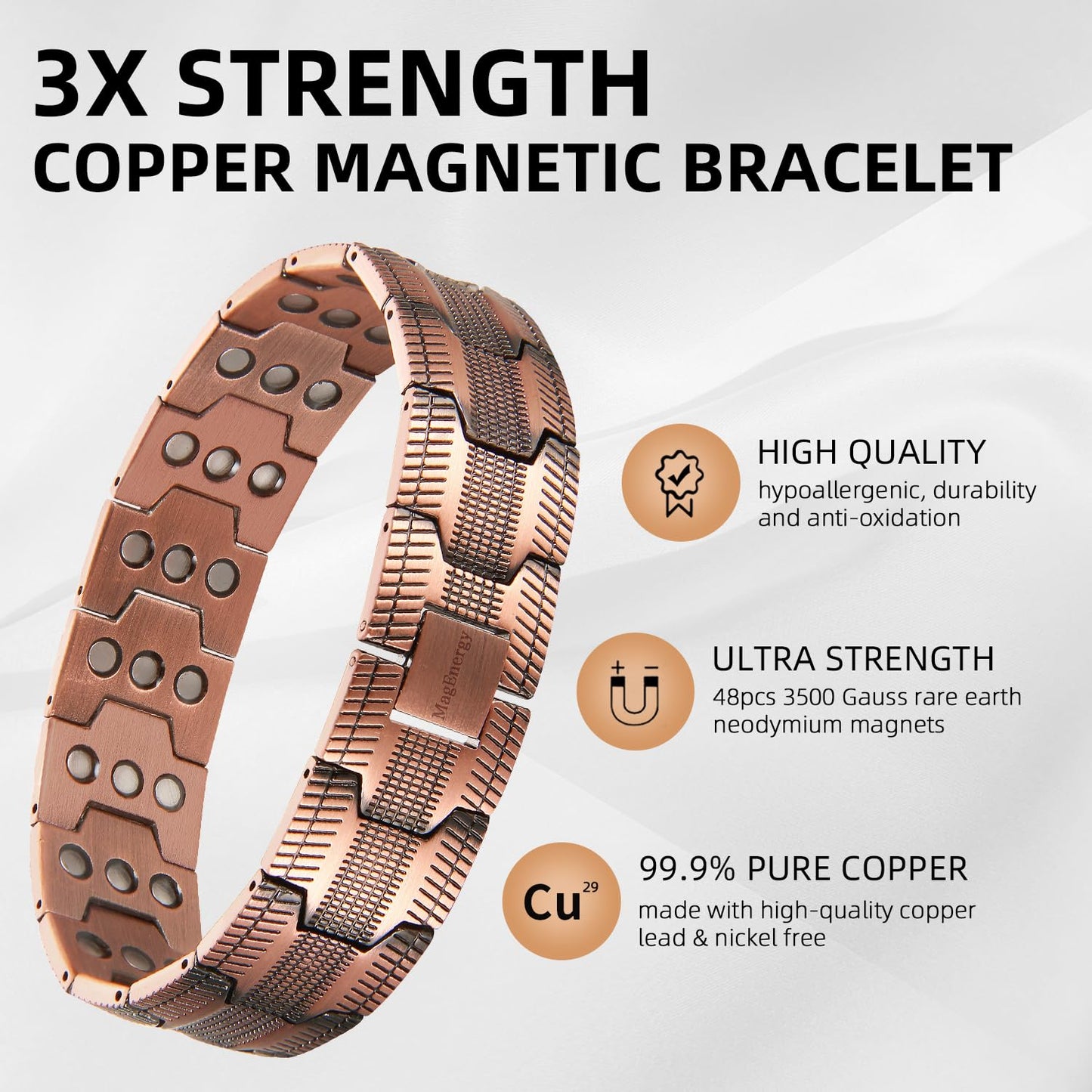 MagEnergy Copper Bracelet for Men, 3-Row Magnet Design, Ultra Strength Magnetic Bracelet 99.99% Pure Copper Wristband Adjustable Jewelry Gift with Sizing Tool