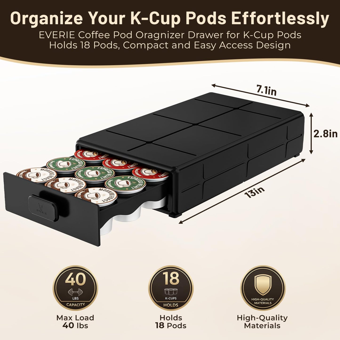EVERIE Coffee Pod Organizer Drawer for Keurig K-Cup Pods, Holds 18 Pods - Compact, Easy-Access Design with Smooth Glide, Ideal for Small Spaces and Coffee Machines