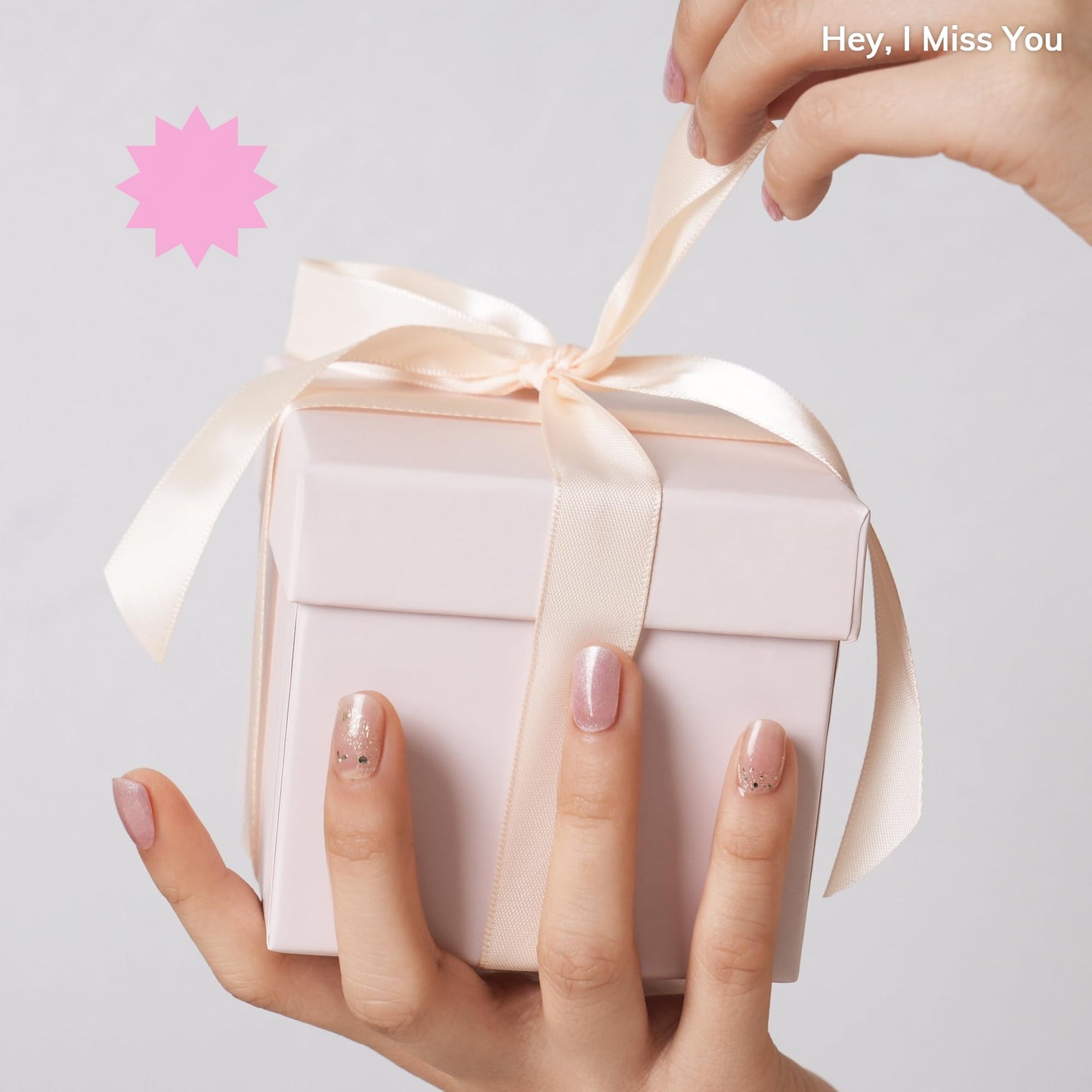 Heyhae Semi Cured Gel Nail Strips | No LED Lamp Needed | Glitter, Pink, Spring | Easy Apply & Remove, Salon Quality | Includes 28 Strips, 1 Prep Pads, Nail File & Wooden stick - Hey, I Miss You