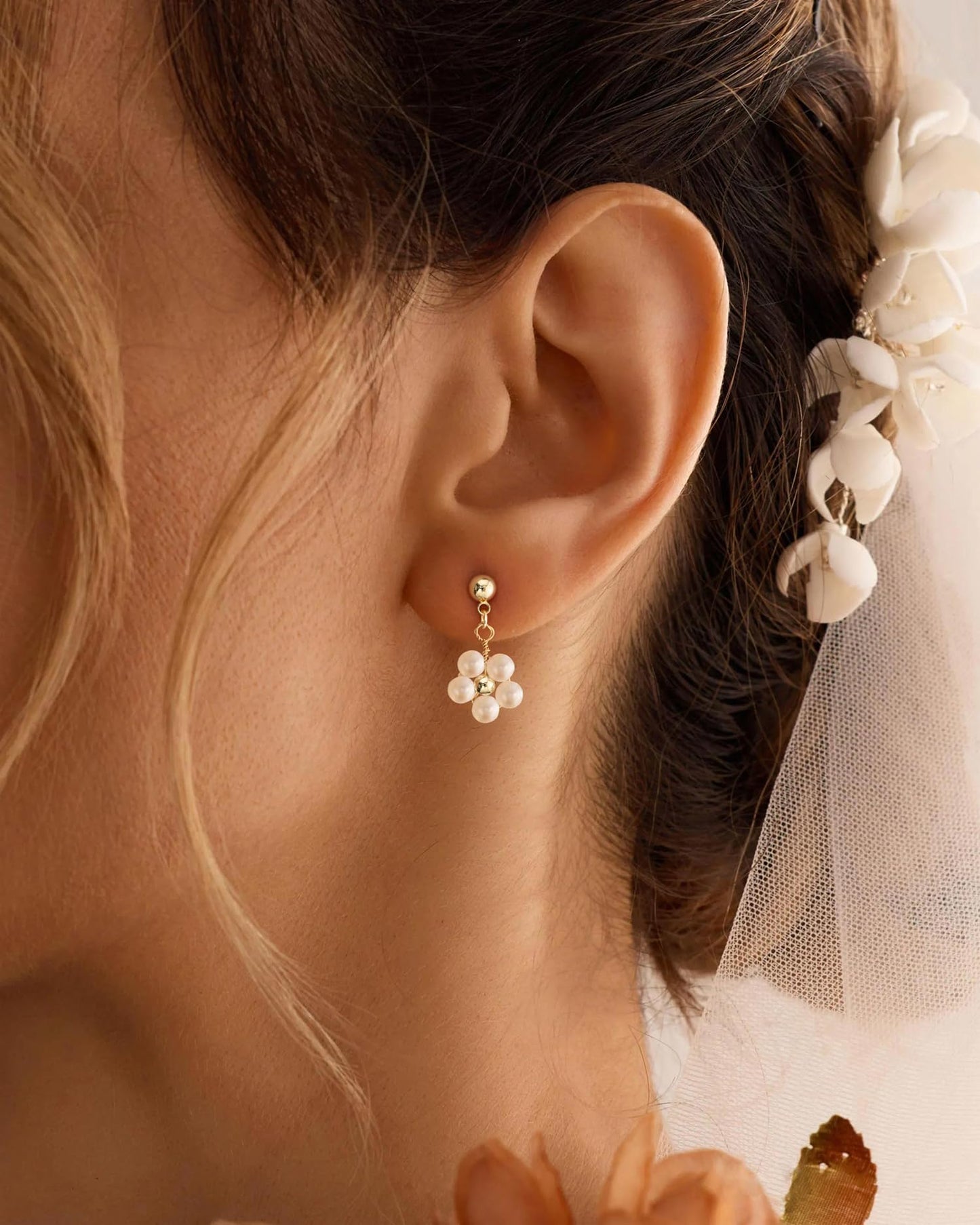 BSGRL Pearl Earrings - 14k Gold Plated Cute Daisy Flower Drop Pearl Earrings for Women