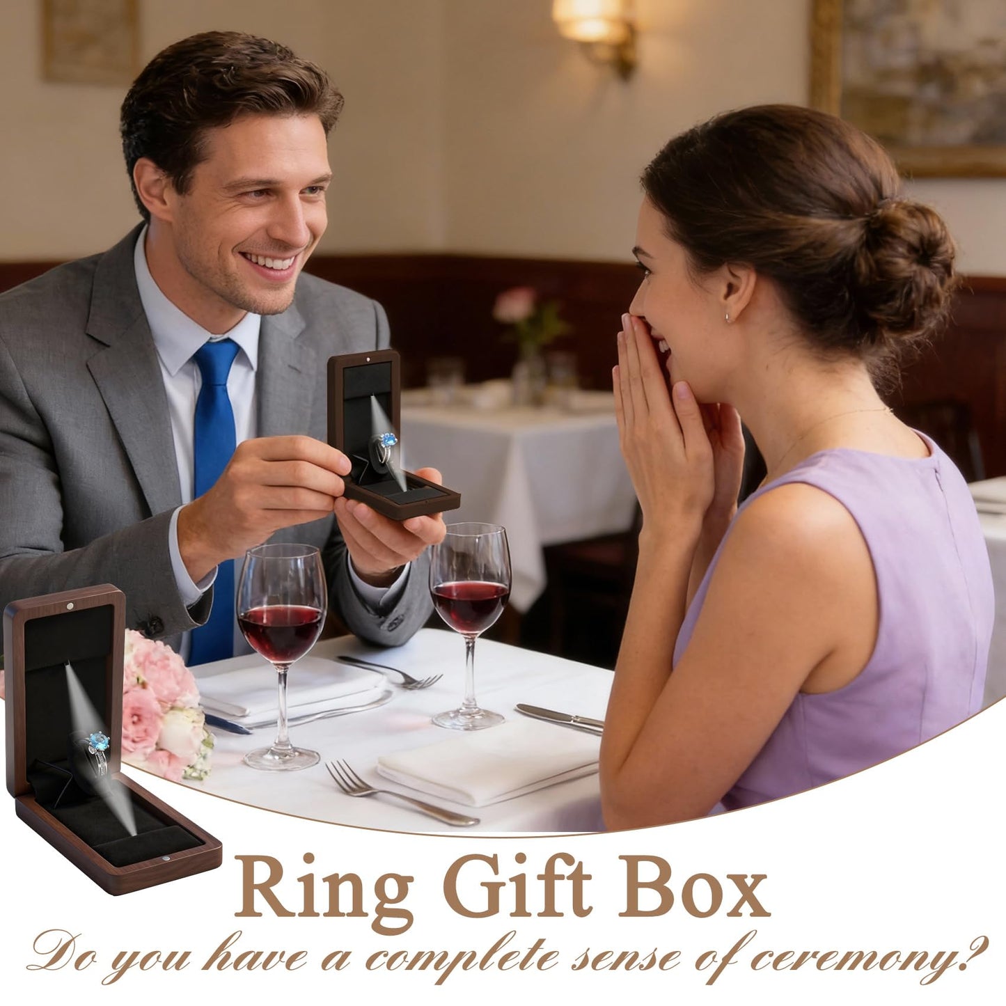 Yookin Wooden Engagement Ring Box For Proposal Valentine's Day Jewelry Gift Box Wood Rotating Wedding Day Ring Box With Led Light Gift Packaging(Black Walnut)