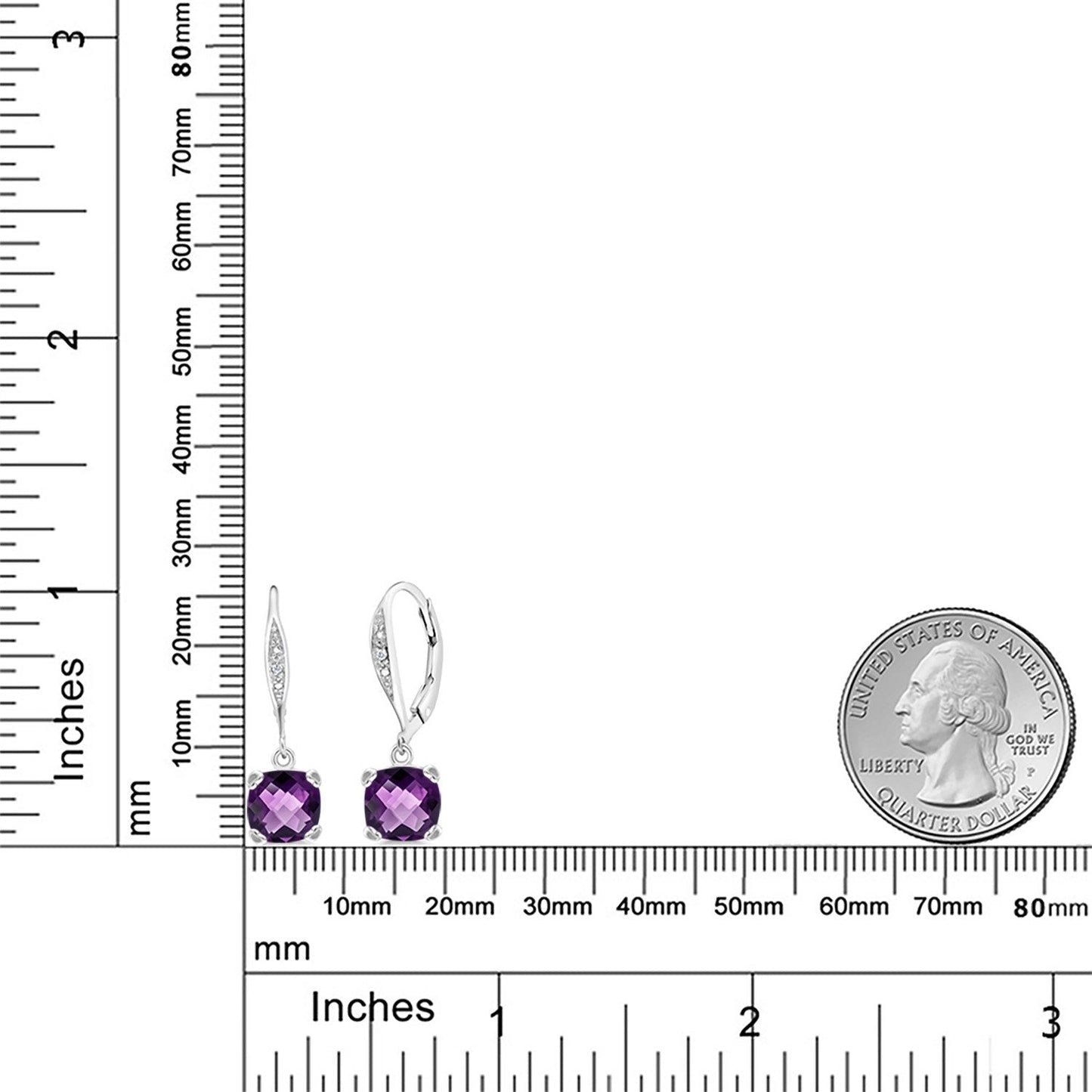 Gem Stone King Drop Dangle Earrings For Women | 7MM Cushion Cut Gemstone Birthstone and Diamond | 925 Sterling Silver | Jewelry Gift for Mom Wife Her | Amethyst-Checkerboard-February | Sterling Silver