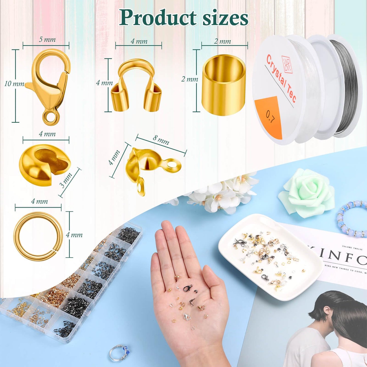 Acejoz 2165 Pcs Crimp Beads for Jewelry Making, Incliding Crimp Bead Covers, Crimp Tubes, Knot Covers, Jump Rings,Wire Guardians, Crimping Pliers, Elastic String for Bracelets Necklaces Making