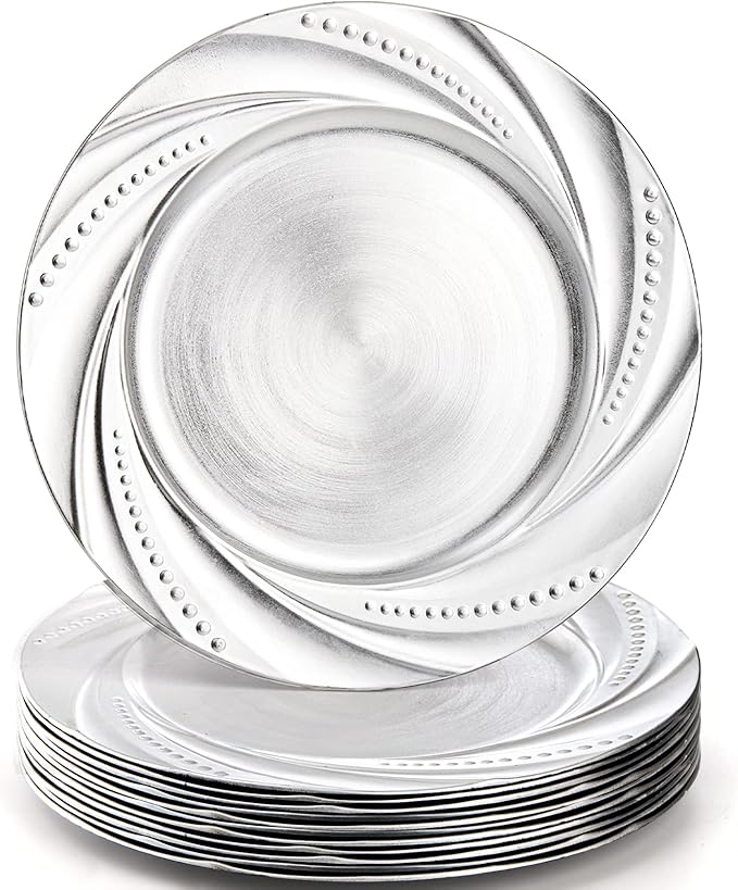 ZENFUN 12 Pack Plastic Silver Charger Plate, 13" Round Chargers Plate Decorative Dinner Chargers, Embossed Charger Serving Plates for Wedding, Catering Event, Tabletop Decor