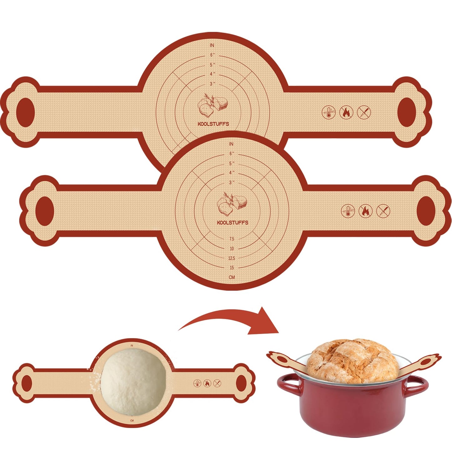 Koolstuffs Silicone Sourdough Bread Sling Mat for Dutch Oven, 2 Pack Non-Stick & Easy Clean Reusable sourdough mat, Easy and Stable to Transfer Sourdough Bread, Round