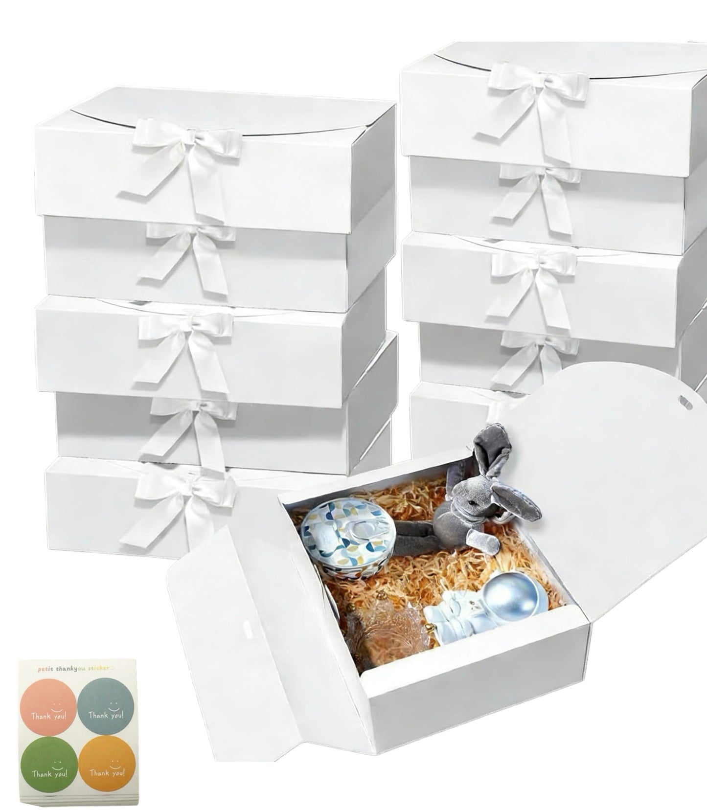 Treelement 10Pcs White Gift Boxes with Lids,10.6×7.8×3.1 Inch Bridesmaid Proposal Boxes with Ribbons and Stickers for Wedding Gifting,Birthday,Party Favors，Baby Shower,Return Gifts