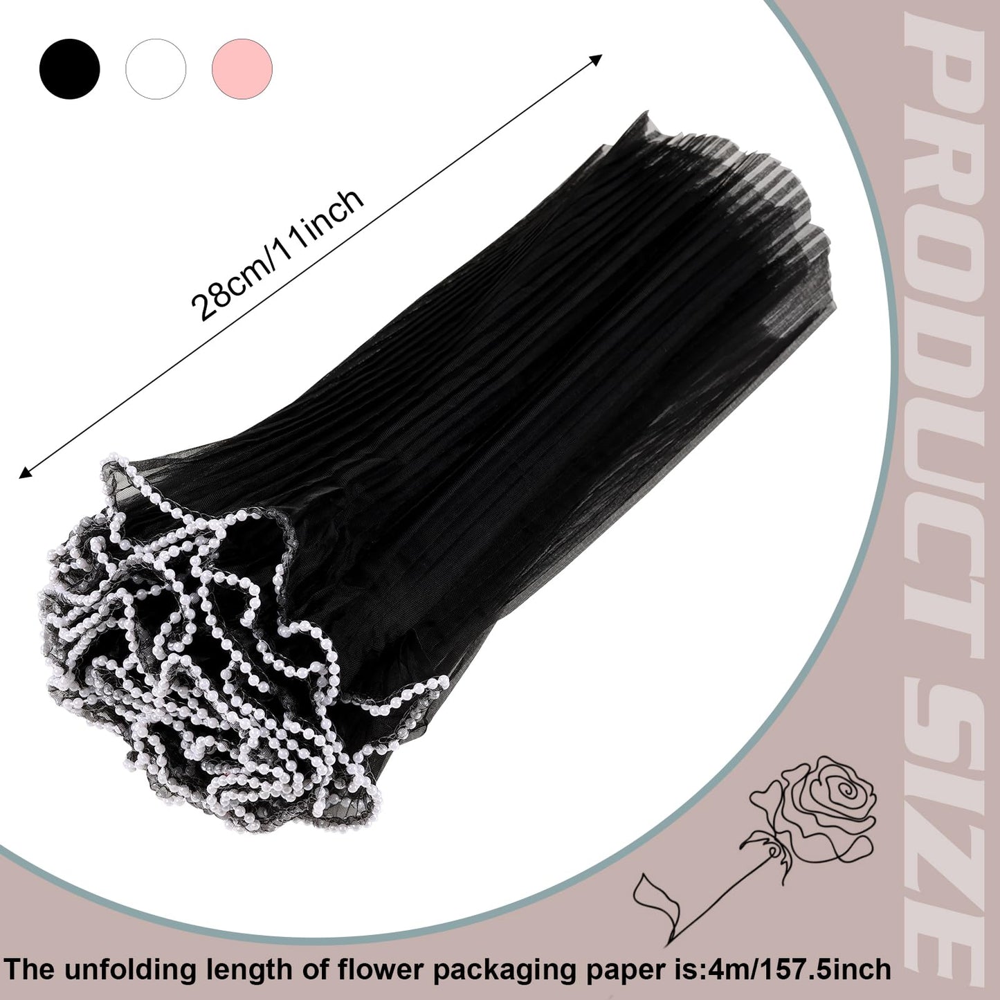 IWOLOMI 6 Pack Flower Wrapping Mesh Paper, 26.2 Yard Pearl Edge Bouquet Wrapping Packaging Mesh Paper Wrinkled Translucent for Florist Supplies Mothers Day Wedding Gift Packaging (Pink White Black)