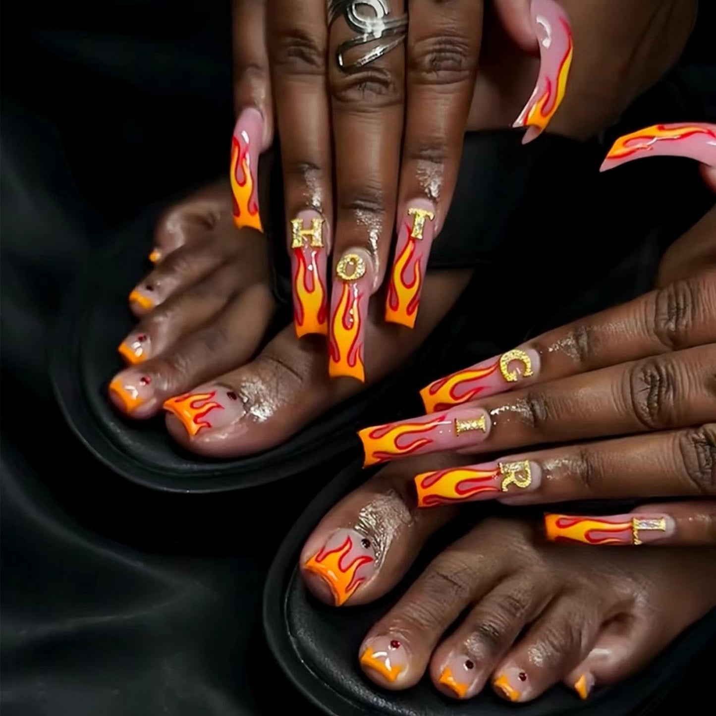 48Pcs Curved Press on Nails Orange Red Flame Press on Toenails Long Fake Nails with 5D Letters Charm Design Glossy Rhinestones Fake Toenails Glossy Full Cover Nails Press on Set for Women Manicure