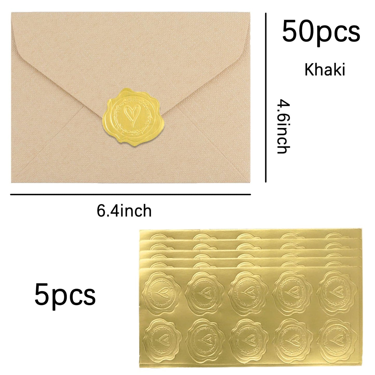 Discbind 50 Pack 4x6 Khaki Linen Envelopes with Gold Wax Seals - Handmade Look A6 Vintage Envelopes & Self-Adhesive Seal Stickers for Greeting Cards, love letter, Wedding, Party Invitation