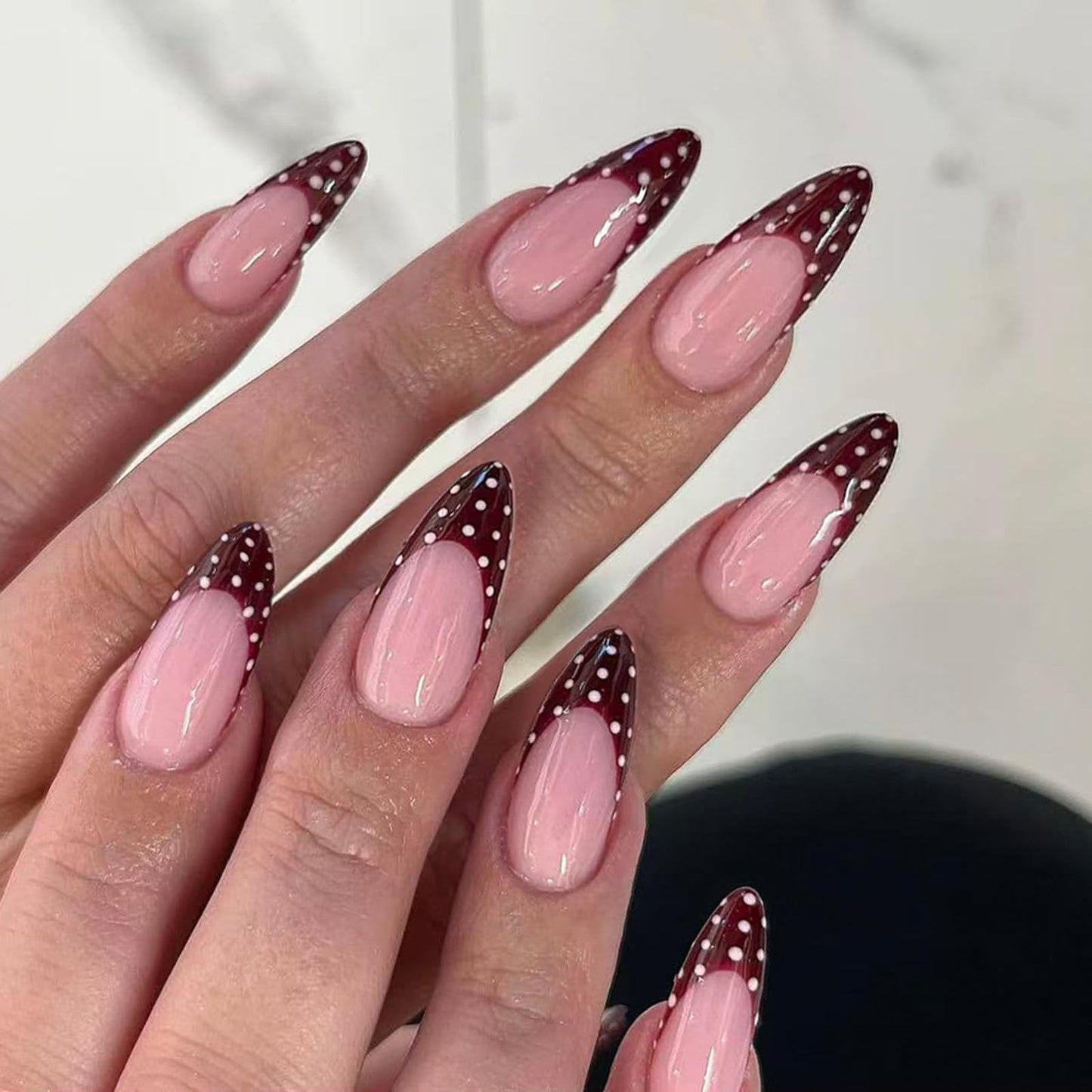 IMSOHOT Polka Dot Press on Nails Almond Medium Fake Nails Burgundy French Tips False Nails Full Cover Glossy Wine Red Acrylic Glue on Nails for Women