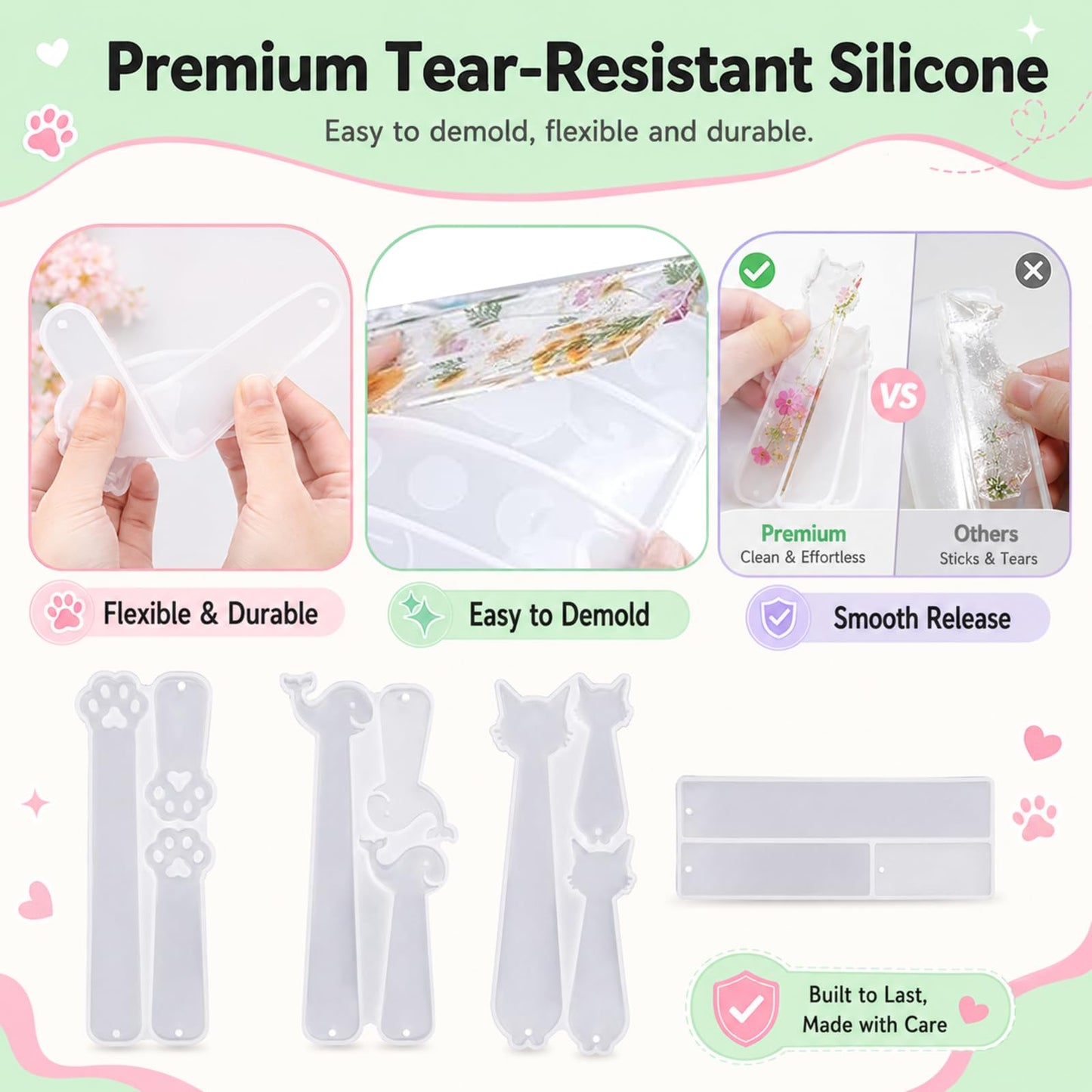 SANFUHOM Resin Bookmark Molds Kit, Silicone Epoxy Casting Mold with 40 Tassels, 4 Shapes Cat Paw Kitty Dolphin Rectangle Craft Tool for DIY Jewelry Making