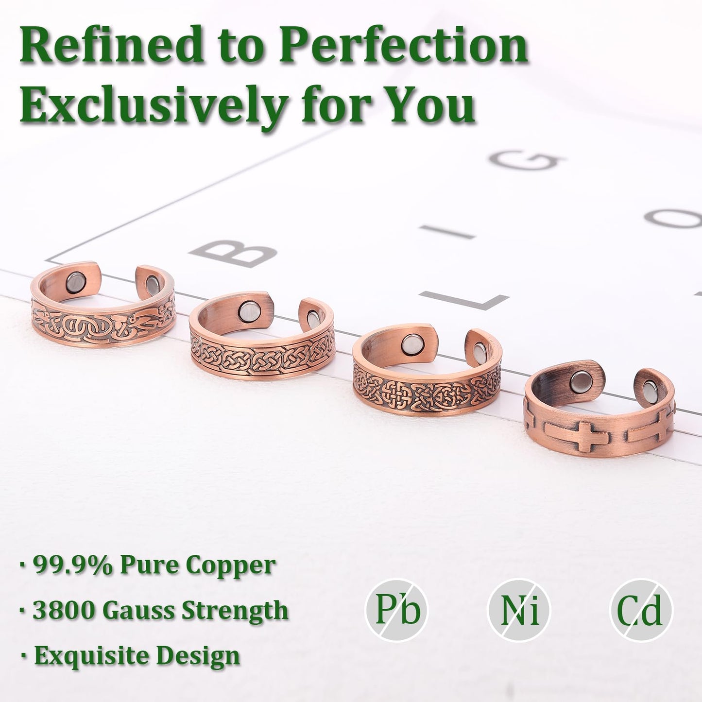 Fashtour 4 Copper Rings for Men, 99.9% Pure Copper Magnetic Rings, Vintage & Cross Pattern Adjustable Cuff Ring