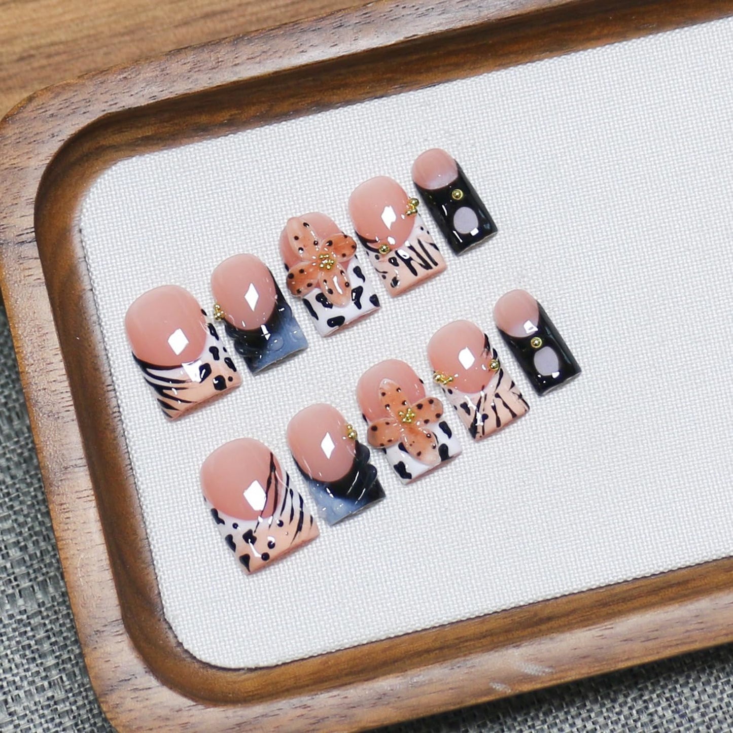 Luxury Flower Press on Nails Short Square Handmade 3D Floral Fake Nails Leopard Print French Tip False Nails with Designs Muti-Layer Gel Thick Acrylic Nail for Women (M)