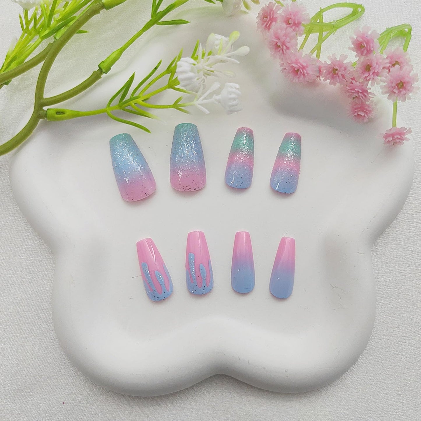 FOLONRAL Coffin Press on Nails Medium Fake Nails Colorful Gradient Nails Press ons Glitter Glue on Nails Cute False Nails Full Cover Artificial Stick on Nails for Women 24Pcs, pink bluegreen