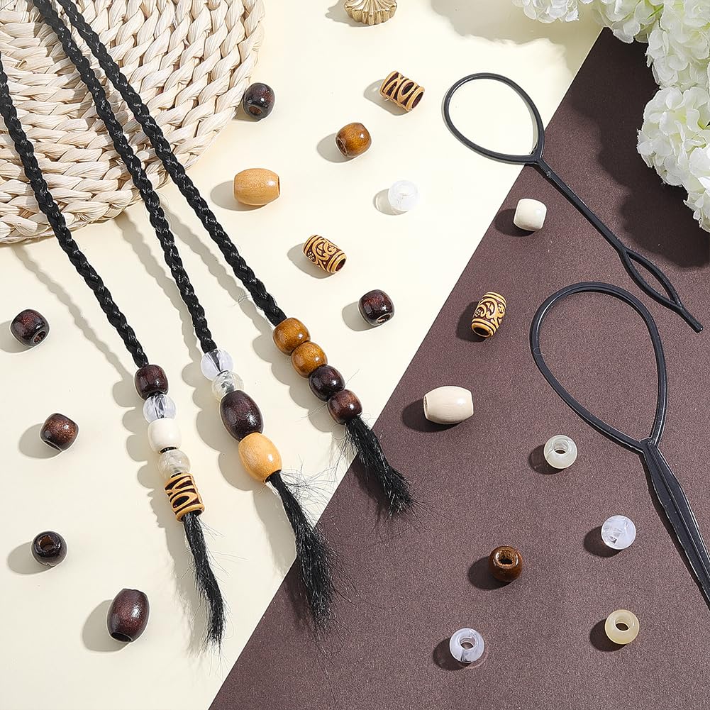 PH PandaHall 190PCS Wooden Hair Braid Beads 10 Styles Loc Dreadlock Jewelry African Tube Bead Rondelle Beads Large Hole Macrame Bead with Plastic Hair Braiding Tool for Jewelry Making Necklace