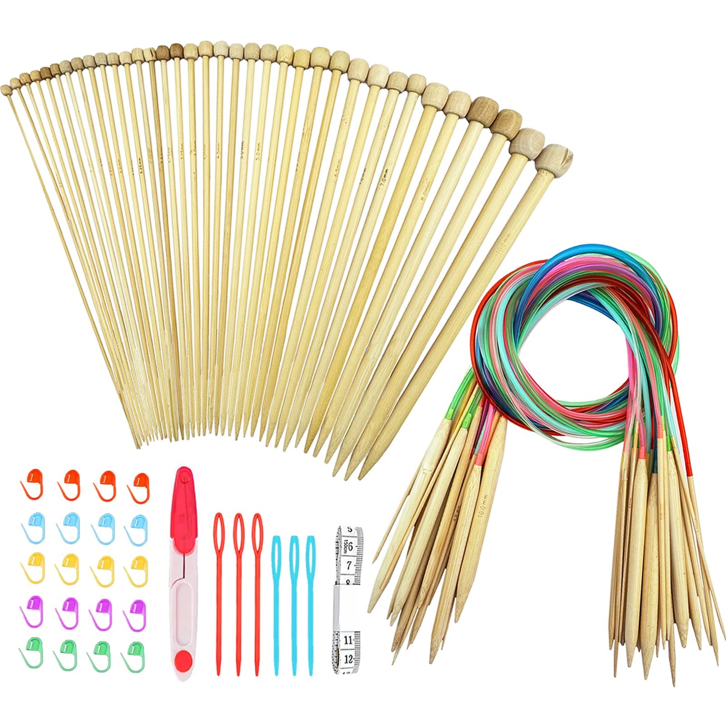 Hobekoee Knitting Needles Set,36 PCS 9.8" Straight Single Pointed Bamboo Knitting Needles ＆ 18 Pairs 31.5” Bamboo Circular Knitting Needles Set with Colorful Plastic Cable,18 Sizes: 2mm-10mm