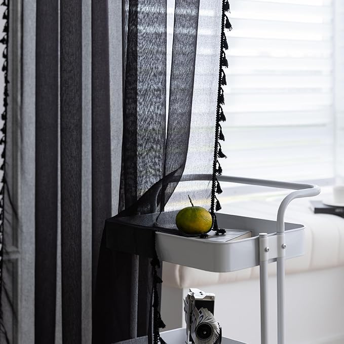 Black Sheer Curtains 72 inch Long, Fringed Edges and Textured Semi Sheer Curtains Large Window Treatments for Living Room/Bedroom, 3 Panels