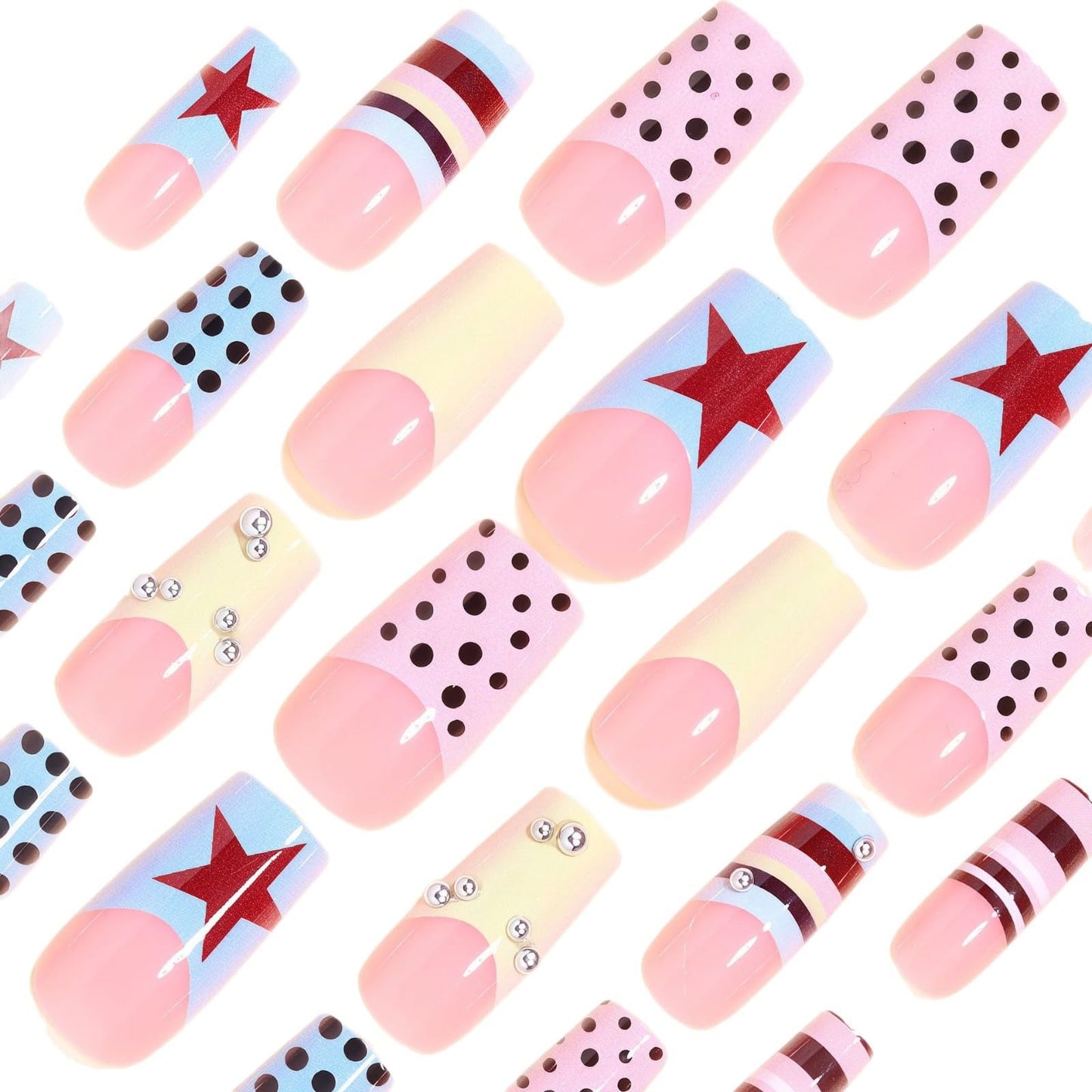 CTTHNBD Square Press on Nails Long - French Tip Fake Nails with Polka Dot Star Design - Summer False Nails Press ons - for Women 24 Pcs