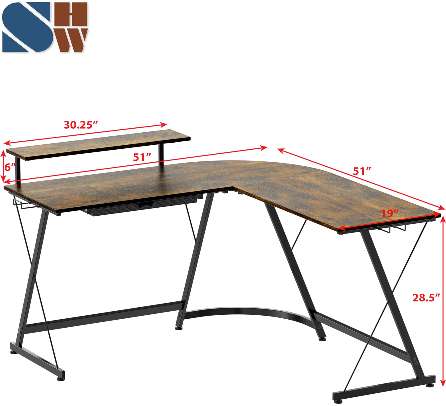 SHW 51 x 51 Inches Vista L-Shaped Desk with Monitor Stand and Drawer, Rustic Brown