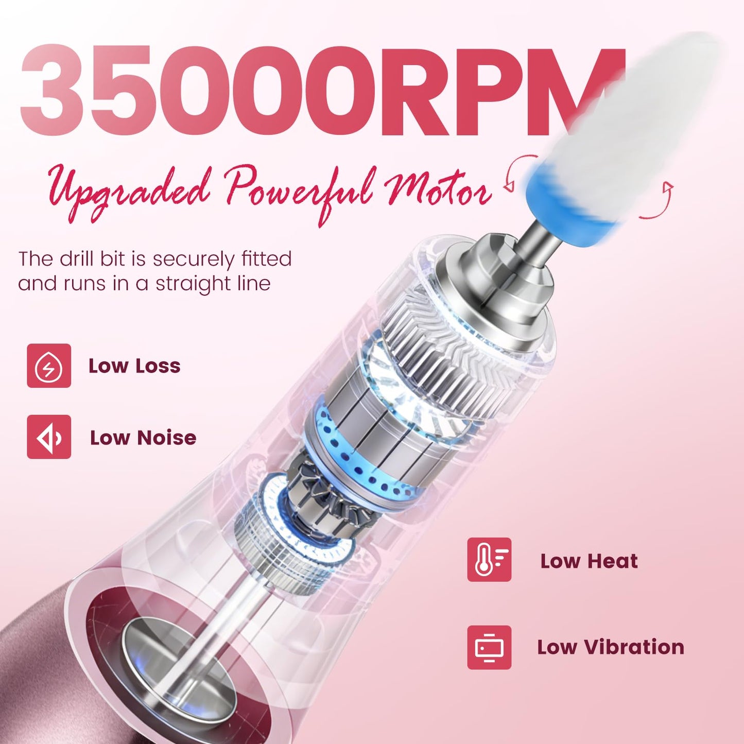 Cordless Nail Drill 35000RPM, Electric Nail File Kit with UV Light, Portable Nail Tools with Compact Design for Acrylic Gel Nails, Manicure Polishing, Shaping & Gel Removal at Home for Beginners, Pink