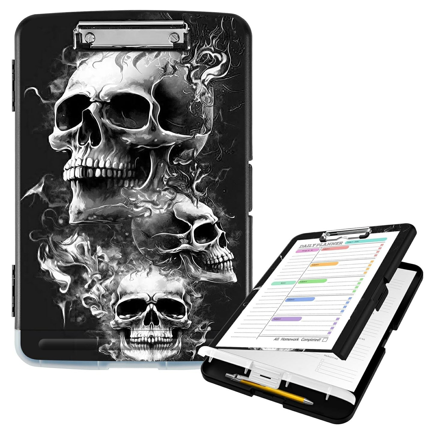 BEOTIWAD Clipboard with Storage High Capacity Plastic Nursing Clipboards with Pen Holder File Folder Storage Box Clipboard with Heavy Duty Clips for Teacher,Doctor,Offices-Skull