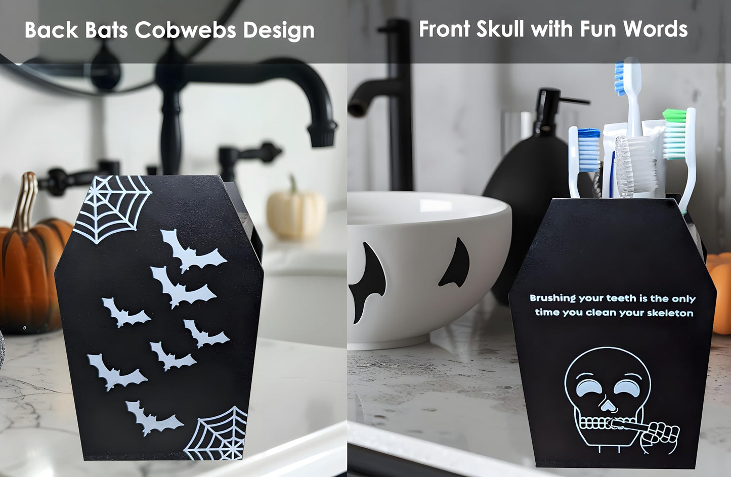 Halloween Gothic Bathroom Decor - Spooky Goth Coffin Toothbrush Holder Sides Wide Open Quick Dry, Roomy Space, Horror Bats Skull Design - 5.5" L x 4" W x 6" H