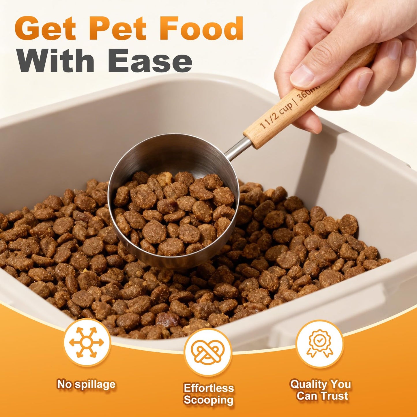 TREMENDRY 1PCS 2Cup(480ml | 16oz) Dog Cat Food Scoop, 18/8(304) Stainless Steel Measuring Cup with Wooden Handle, Etched Measurements Inside, BPA Free Portion Control for Pets & Kitchen Use