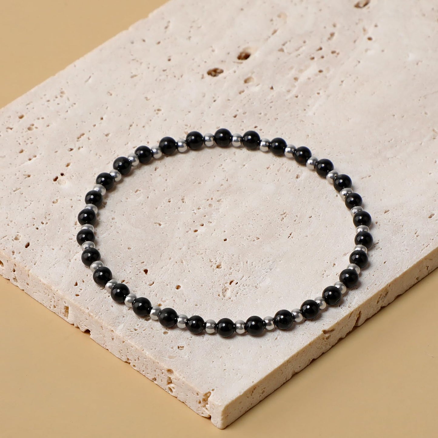 QOGIR Black Tourmaline - Psychic Protection - Stainless Silver Beads Natural Gemstone Stretch Elastic Dainty Healing Beaded Bracelets Gifts 4mm