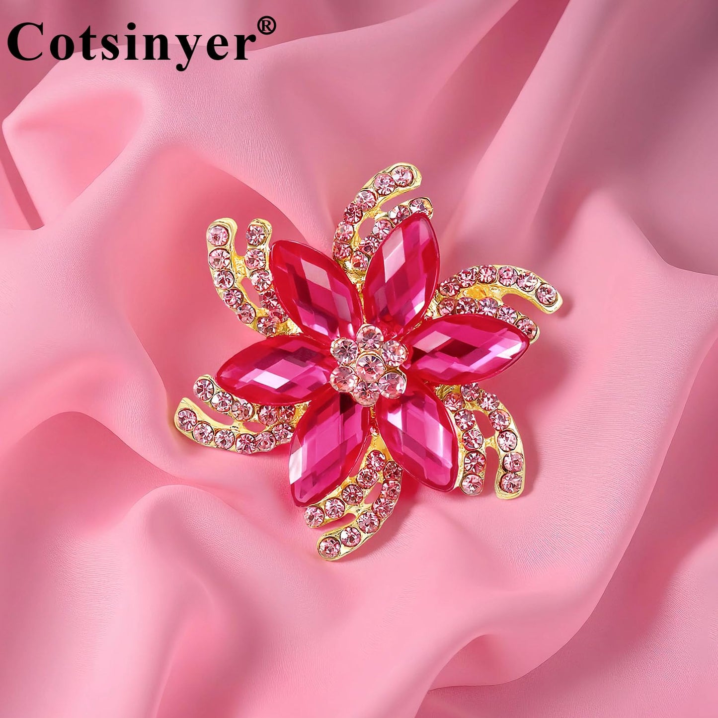 Cotsinyer Flower Brooch for Women - Cute Gold-Toned Pin with Pink Rhinestones & Crystals for Lapel, Hat, and Scarf
