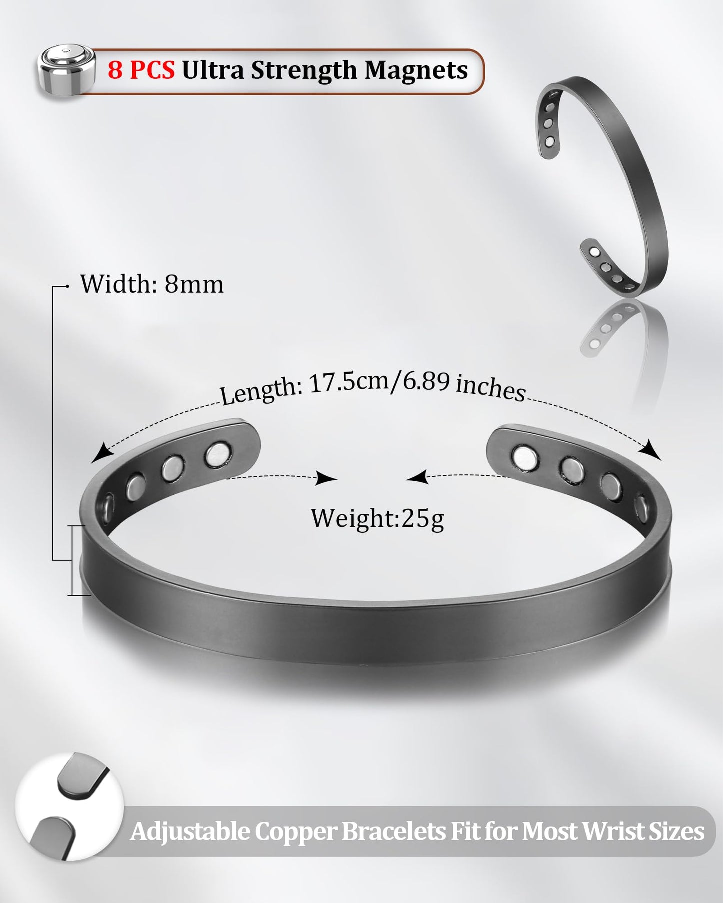 BioMag 2Pcs Copper Bracelets for Women Men, 99.99% Pure Copper Cuff Bangle with 8 Magnets with 3500 Gauss Magnets, Adjustable Size, Simple and Stylish Design