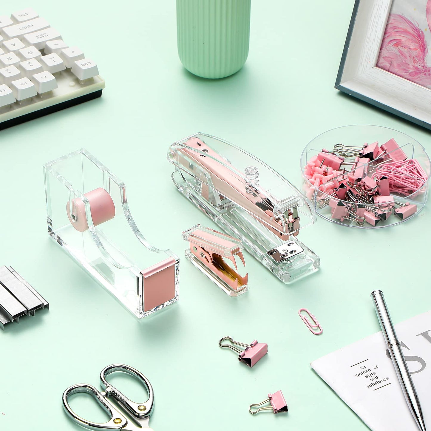 Office Supplies Set Desk Accessory Kit, Acrylic Stapler Set Staple Remover, Tape Dispenser, Binder Clips, Paper Clips, Ballpoint Pen and Scissor with 1000 Pieces 26/6 Staples (Pink)