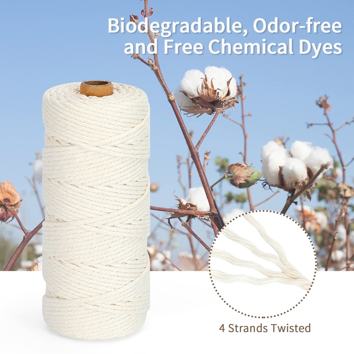 Natural Cotton Macrame Rope - 3mm x 328Yards (984Feet), 4 Strands Twisted Macrame Cord for Wall Hanging, Plant Hangers, Crafts, Gift Wrapping and Wedding Decorations, Beige
