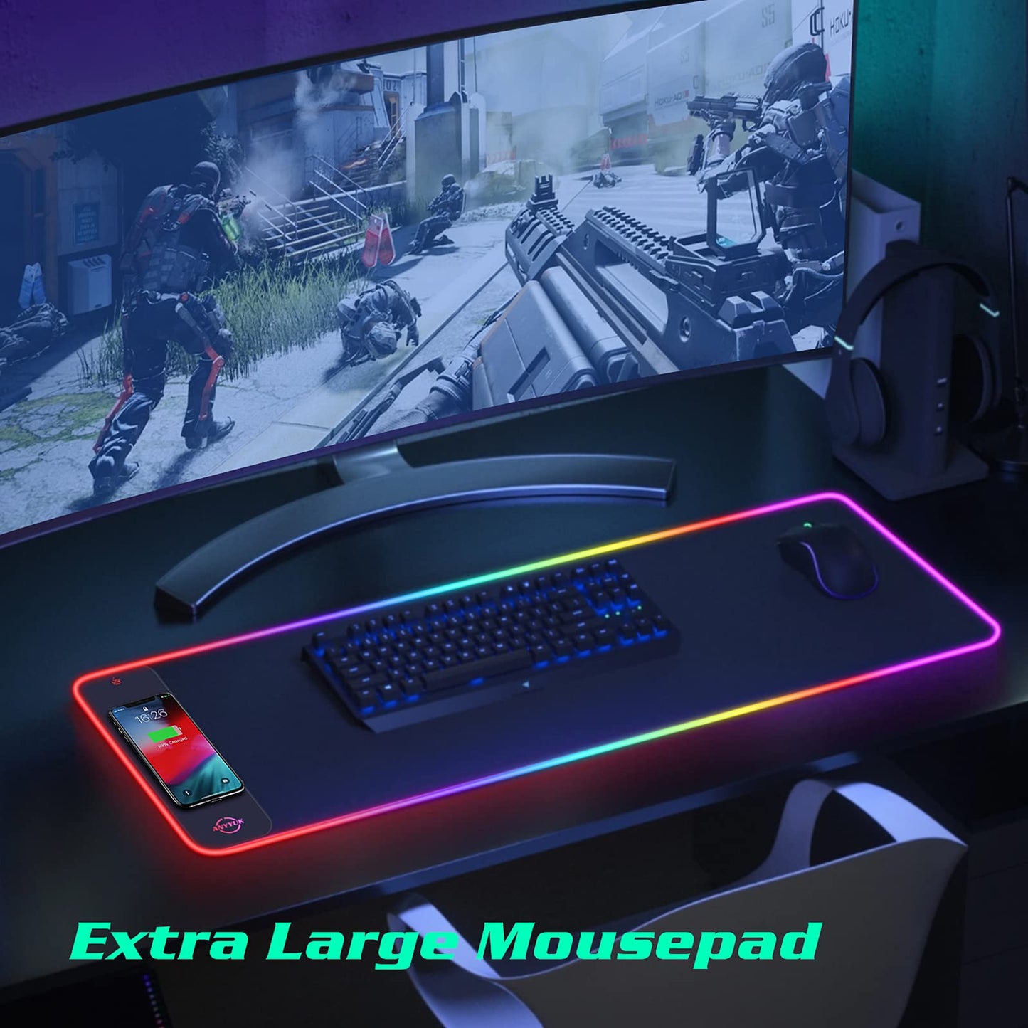 RGB LED Mouse Pad with 15W Wireless Charger Gaming Mouse Pad with 10 Light Modes, Extra Large Mousepad Non-Slip Rubber Base Computer Keyboard Mat for Men